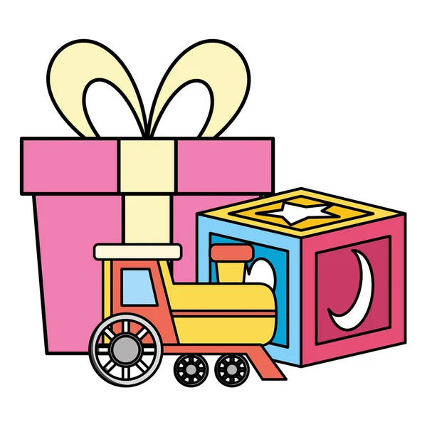 Presente com ícones de brinquedos de bebê de bloco e trem —  Vetores de Stock
