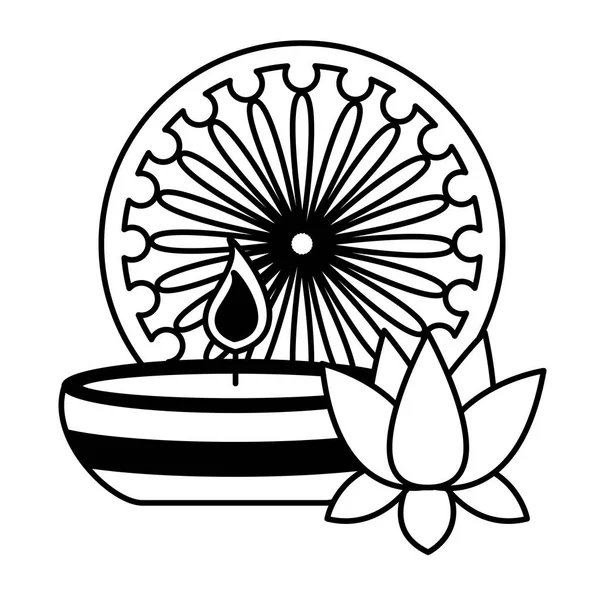 Flor de loto india con vela y chakra ashoka — Vector de stock