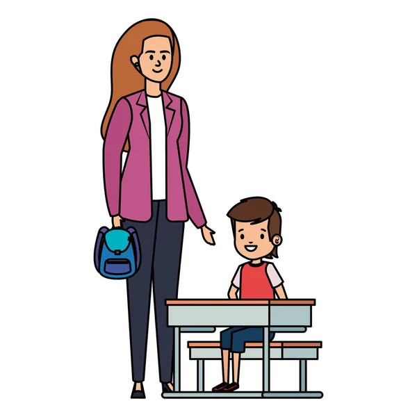 Happy student boy in schooldesk with female teacher — Stock Vector