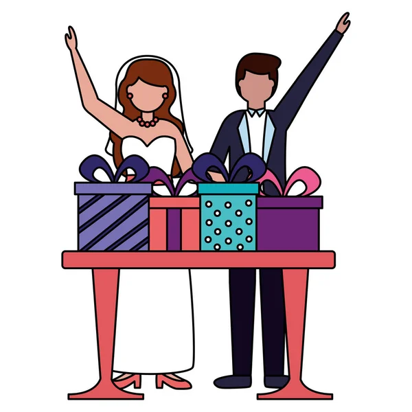 Sposa e sposo con regali sul matrimonio in tavola — Vettoriale Stock