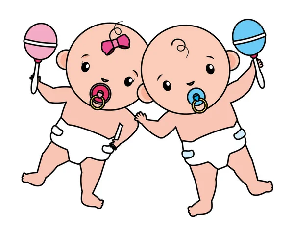 Cute little babies couple with maracas characters — Stock Vector