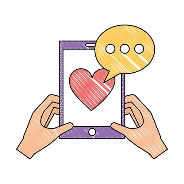 Hands with smartphone love heart speech bubble — Stock Vector