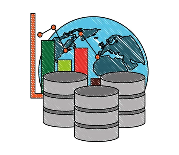 Base de datos centro almacenamiento mundo gráfico financiero — Vector de stock