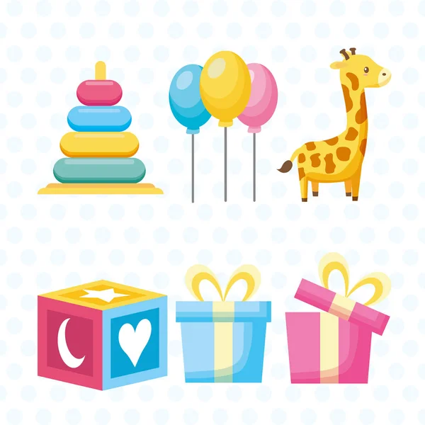 Детская вечеринка игрушки жирафа воздушные шары подарки — стоковый вектор