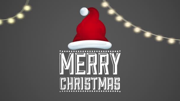 Frohe Weihnachten Animation mit Lichtern hängen und Weihnachtsmütze — Stockvideo