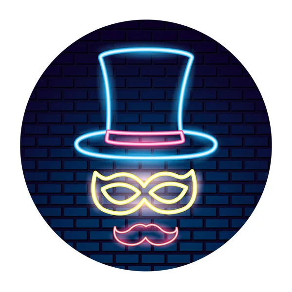 Fiesta sombrero máscara bigote decoración neón noche — Archivo Imágenes Vectoriales