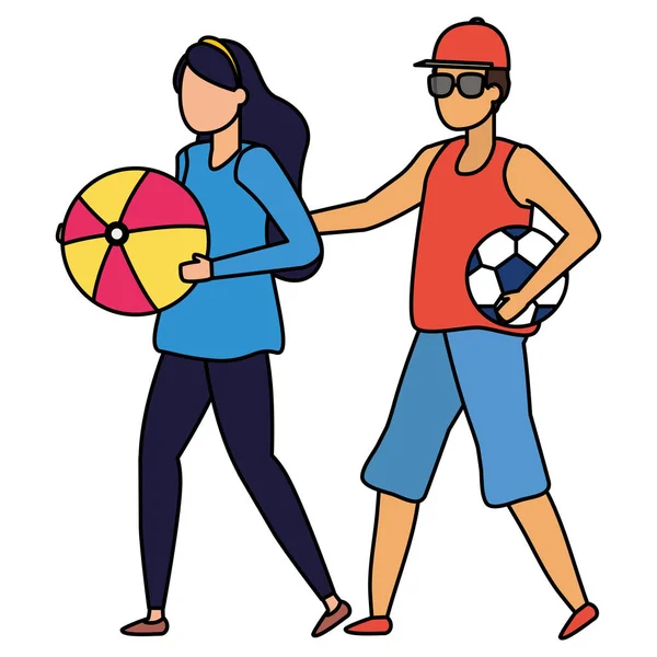 男子与足球和妇女与沙滩球 — 图库矢量图片