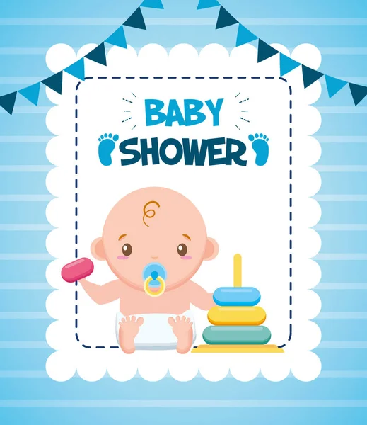 Çıngırak bebek duş kartı ile sevimli çocuk — Stok Vektör