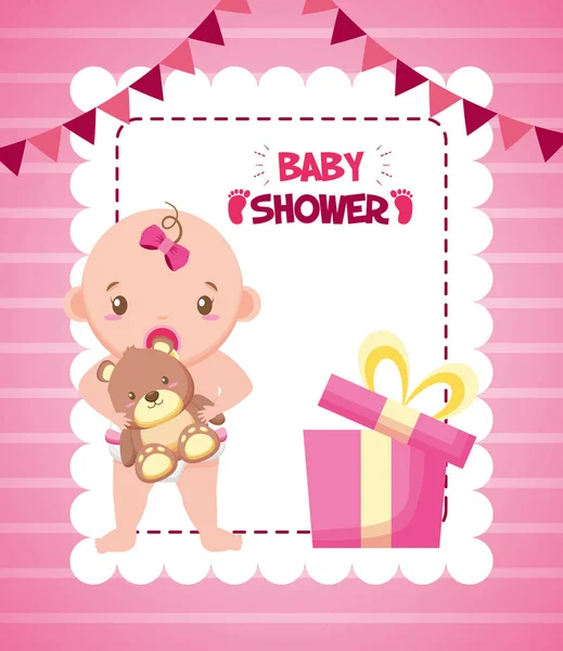 Mała dziewczynka z niedźwiedziem prezent karty Baby Shower — Wektor stockowy