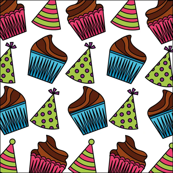 Zoete cupcake met hoed partij patroon — Stockvector