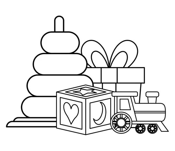 Kazık halkalar ve tren bebek oyuncakları simgeleri ile blok — Stok Vektör