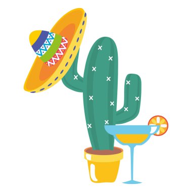 cactus plant with mexican hat and margarita cocktail clipart