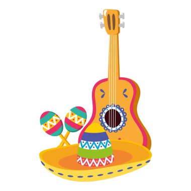 Meksika şapkası, gitar ve marakas.