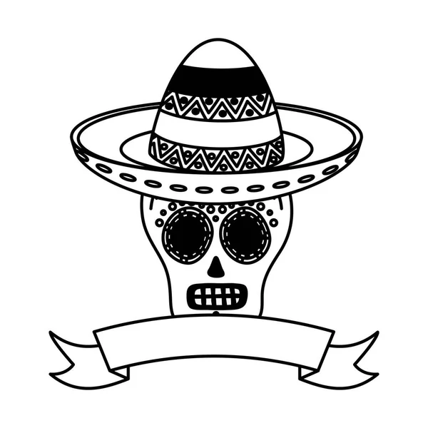 Día de la celebración de la muerte máscara de cráneo con sombrero mexicano — Vector de stock