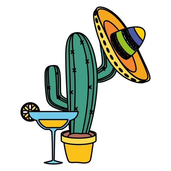 Cactus plant with mexican hat and margarita cocktail — Stock Vector