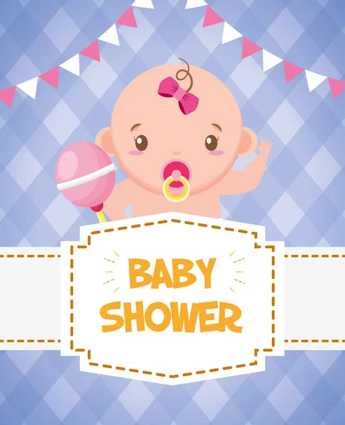 Baby Shower karty cute Dziewczyna smoczek i grzechotka — Wektor stockowy