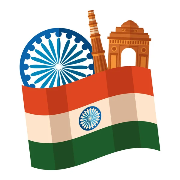 印度国旗与网关清真寺和阿索卡脉轮 — 图库矢量图片