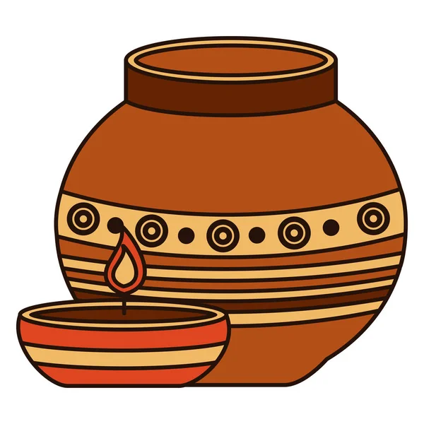 Indian ceramic pot with candle flame — Stock Vector