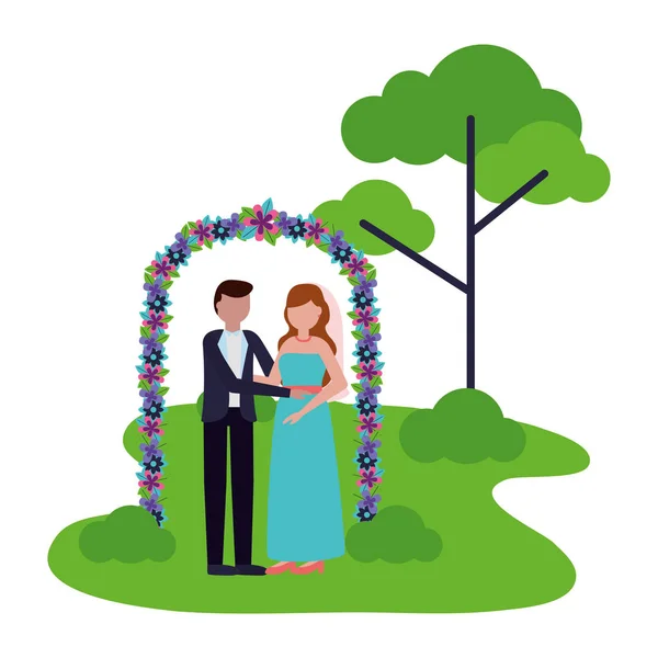 Braut und Bräutigam Bogen Blumen Dekoration Hochzeit — Stockvektor