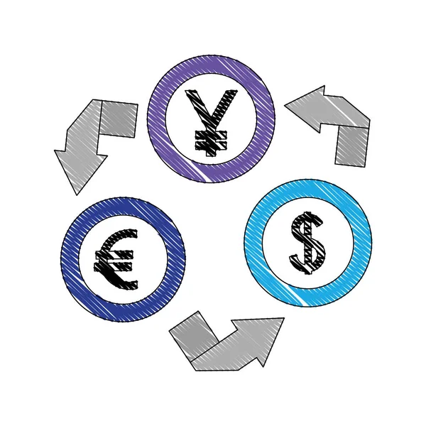 Currency coins money yen dollar euro foreign exchange — Stock Vector