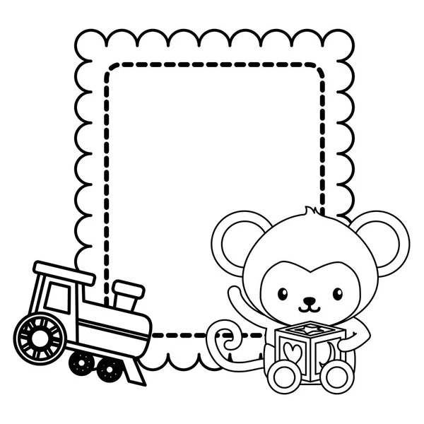 列車のおもちゃでかわいい猿の赤ちゃん — ストックベクタ