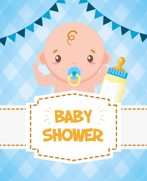 Baby shower card cute boy with bottle — Stock Vector