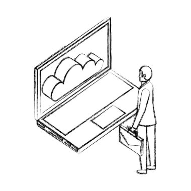 evrak çantası görünümlü dizüstü bilgisayar bulut bilgi işlem ile işadamı