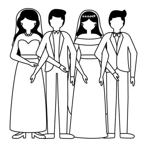 Novias y novios de boda de parejas — Vector de stock