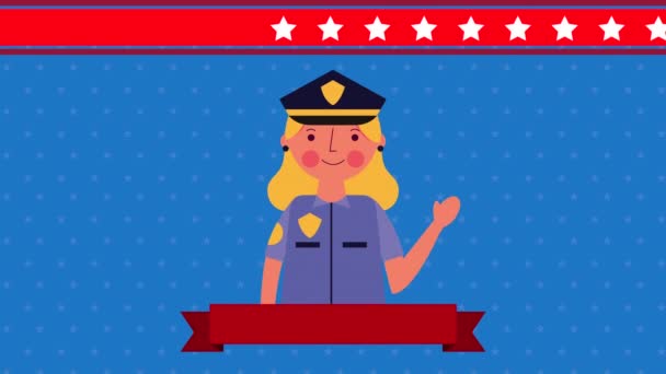 劳动节动画与警察妇女 — 图库视频影像