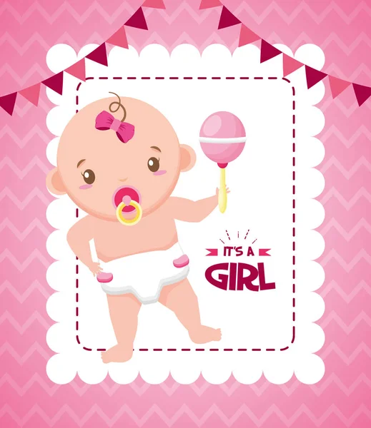 Kleines Mädchen mit rasselnder Babyduschkarte — Stockvektor