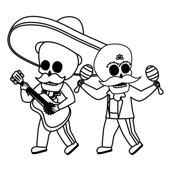 Esqueletos músico com guitarra maracas viva méxico —  Vetores de Stock