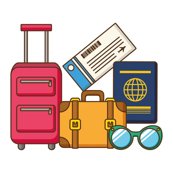 Vacations suitcase passport sunglasses ticket — Stock Vector