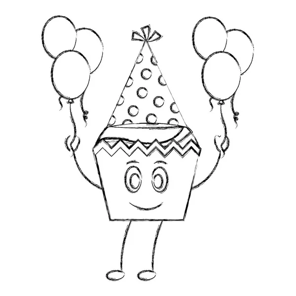 Zoete cupcake met hoed partij en ballonnen helium kawaii karakter — Stockvector