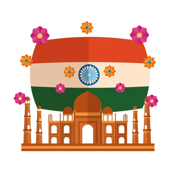 Taj mahal mesquita indiana com bandeira e flores — Vetor de Stock