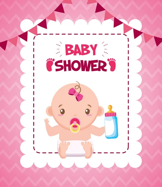 Menina com leite de mamadeira cartão de chuveiro do bebê — Vetor de Stock
