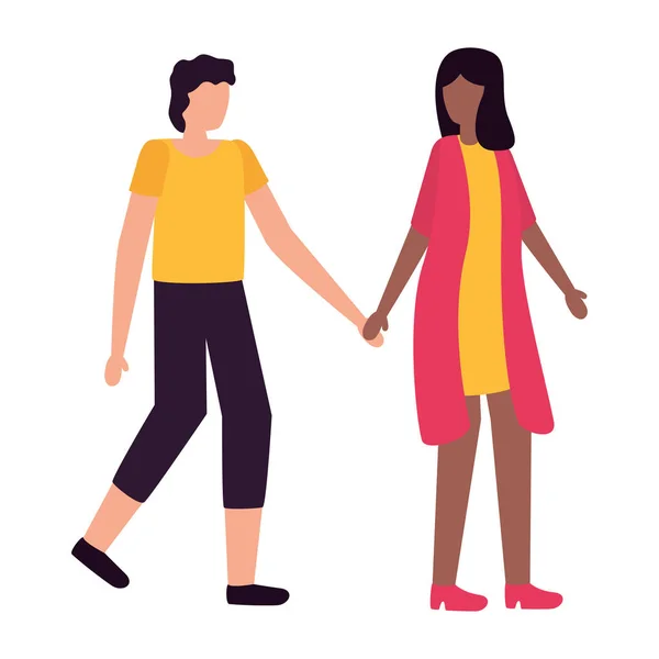 Jeunes amants couple avatars interracial personnages — Image vectorielle