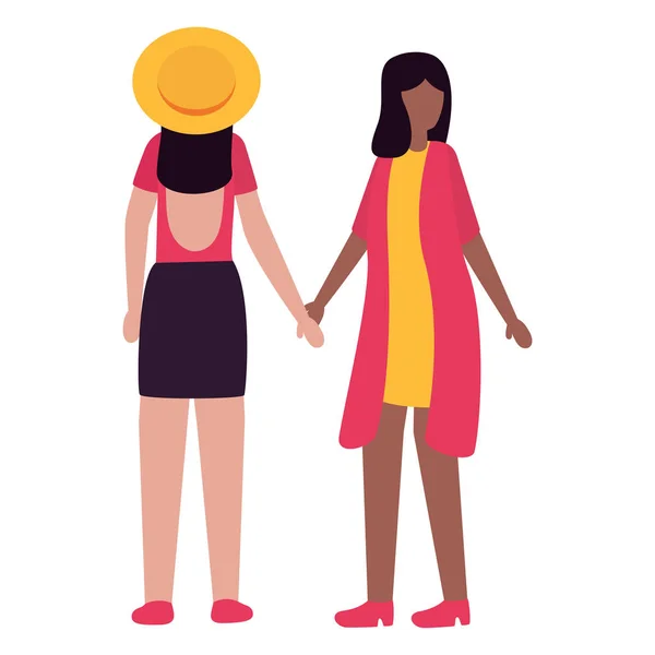 Jeunes filles interracial couple amis personnages — Image vectorielle
