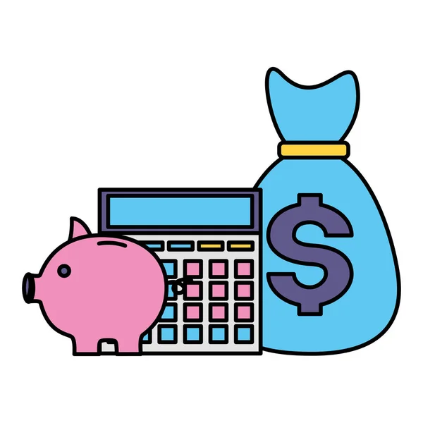 Piggy savings money with bag and calculator — Stock Vector
