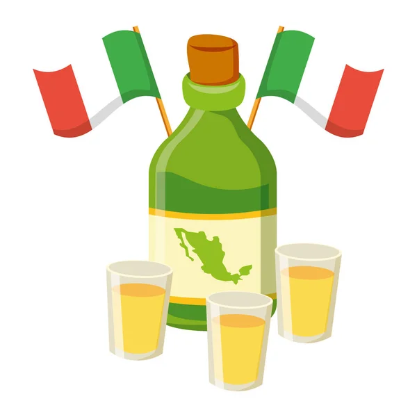Tequila-Flasche mit Tassen und Maracas — Stockvektor
