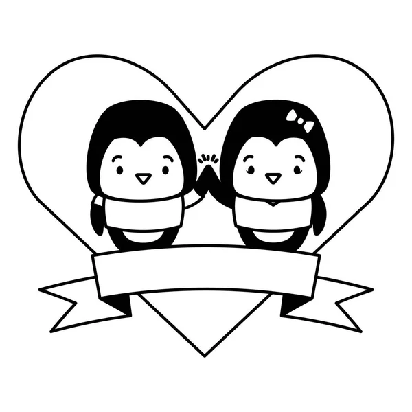 Carino coppia pinguino animali cuore amore nastro — Vettoriale Stock