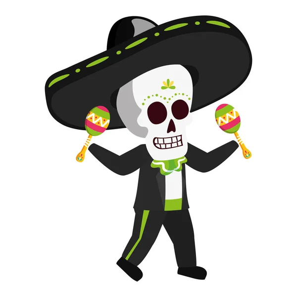 Messicano cranio mariachi giocare maracas — Vettoriale Stock