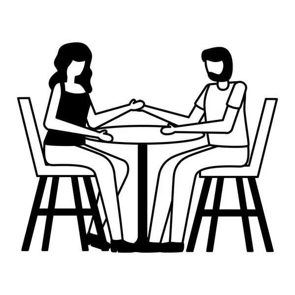 Young lovers couple seated in restaurant table — Stock Vector