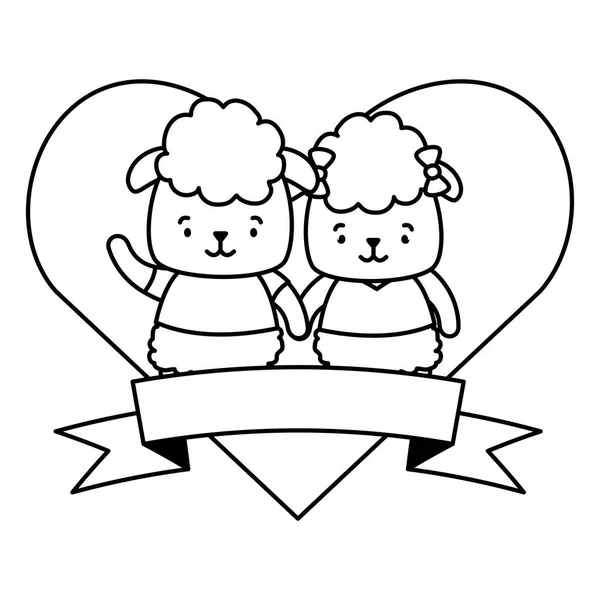 Χαριτωμένο ζευγάρι πρόβατα ζώα καρδιά αγάπη κορδέλα — Διανυσματικό Αρχείο