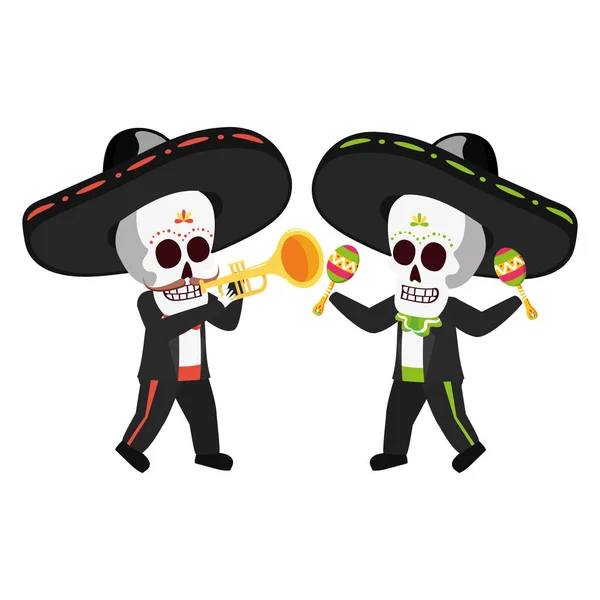 Calaveras mexicanas mariachis tocando trompeta y maracas — Vector de stock