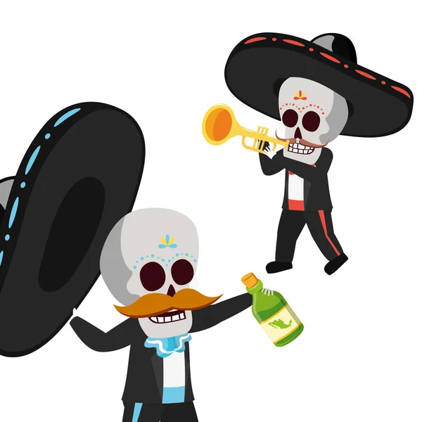 Mexican skulls mariachis with trumpet and tequila bottle — Stock Vector