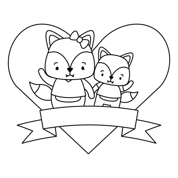 cute couple fox animals heart love ribbon