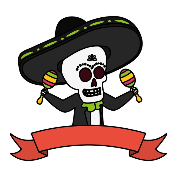 Mexikanska skull Mariachi spelar maracas — Stock vektor