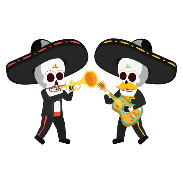 Crânios mexicanos mariachis com trompete e guitarra — Vetor de Stock