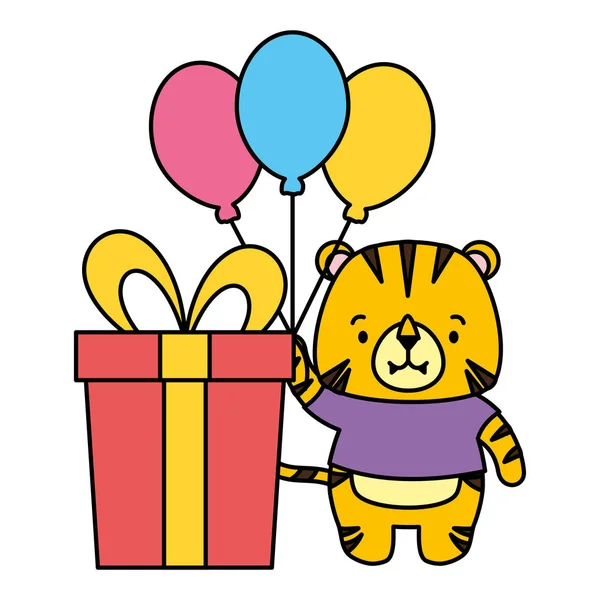 Schattig tijger dier met geschenk en ballonnen — Stockvector