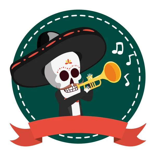 Mexican skull mariachi playing trumpet — Stock Vector